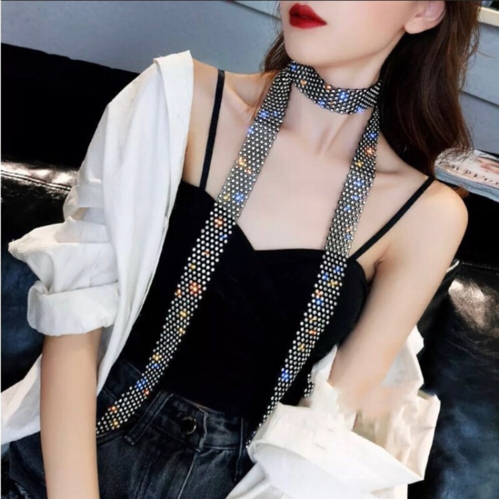 New Long black diamond CZ sapphire wrap around crystal versatile scarf belt - Picture 3 of 3